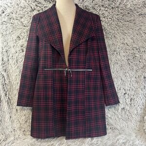 Y2K Red Black Plaid‎ Long Blazer Zipper Plunge Neckline 12P Scholarly Business